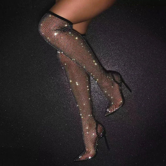 Sexy Bling Rhinestone Mesh Shoes Over The Knee Boots Women Pointed Toe Sandals Nightclub High Heels Femininas 2024