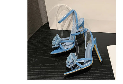 Fashion Denim Buckle Strap High Heels Women's Sexy Pointed Open Toe Crystal Flower Slim Heel Sandals Party Dress