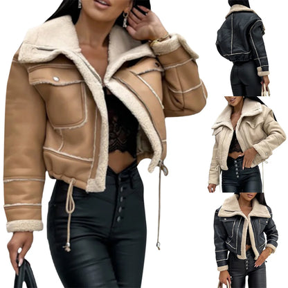 Warm Plush Jacket Fashion Winter Long Sleeve Zipper Short Coats Streetwear with Pockets Outwear