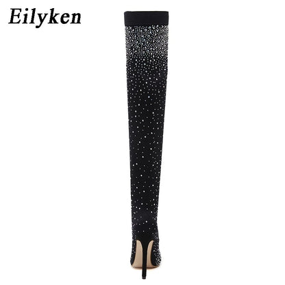 Eilyken Design Crystal Rhinestone Stretch Fabric Sexy High Heels Sock Over-the-Knee Boots Pointed Toe Pole Dancing Women Shoes