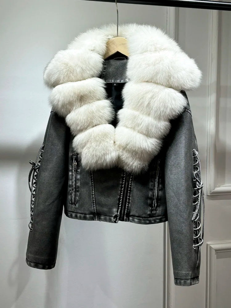 Luxury fox fur 2024 Autumn Winter Lady COMFY & COZY leather zipper coat.