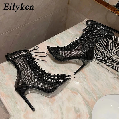 Eilyken Fashion Design Mesh High Heel Women Boots Sandals Sexy Peep Toe T-tied Stripper Pole Dancing Stiletto Shoes