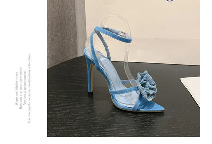 Fashion Denim Buckle Strap High Heels Women's Sexy Pointed Open Toe Crystal Flower Slim Heel Sandals Party Dress