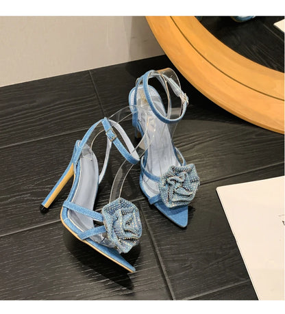 Fashion Denim Buckle Strap High Heels Women's Sexy Pointed Open Toe Crystal Flower Slim Heel Sandals Party Dress