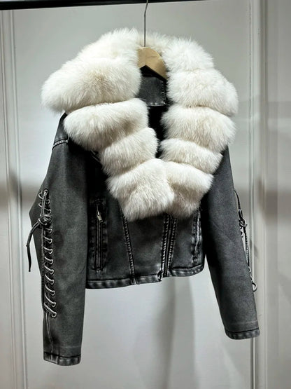 Luxury fox fur 2024 Autumn Winter Lady COMFY & COZY leather zipper coat.