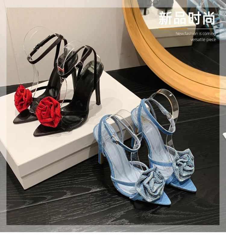 Fashion Denim Buckle Strap High Heels Women's Sexy Pointed Open Toe Crystal Flower Slim Heel Sandals Party Dress