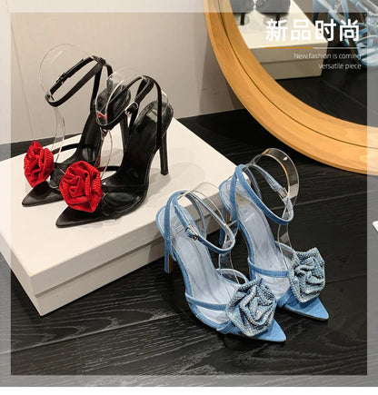 Fashion Denim Buckle Strap High Heels Women's Sexy Pointed Open Toe Crystal Flower Slim Heel Sandals Party Dress