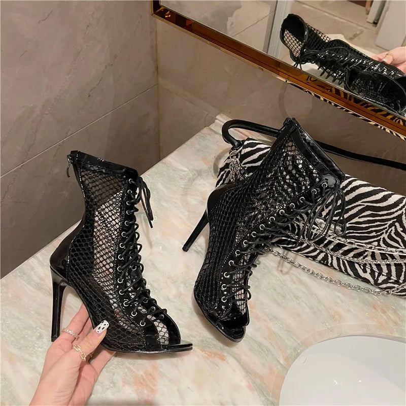 Eilyken Fashion Design Mesh High Heel Women Boots Sandals Sexy Peep Toe T-tied Stripper Pole Dancing Stiletto Shoes