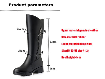 Genuine Leather winter insulated Plus wool fur mid heel zipper women boots.