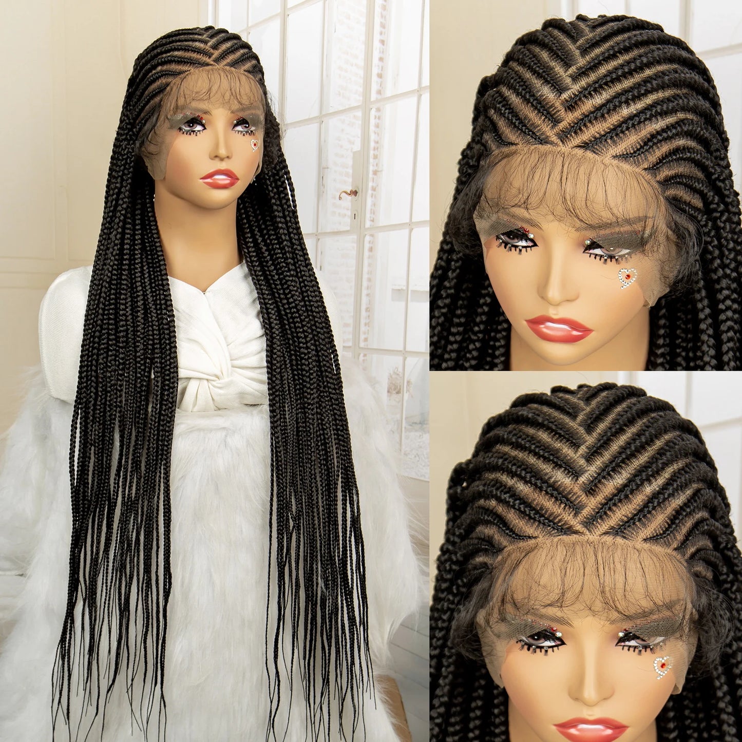 Synthetic Knotless Box Braided Wig Full Lace Cornrow Braids Wig for Black Women with Baby Hair 36 Inches Long Twist Braiding Wig