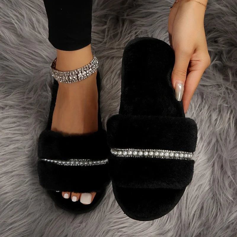 New Women Home Slippers Fashion Shiny Rhinestones Design Open Toe Indoor 2023 Winter Flat Non-slip Leisure Interior Female Shoes