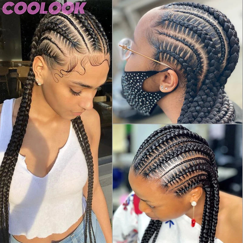 36" Synthetic Lace Front Wigs Jumbo Braided Wigs Full Lace Front Dutch Twins Cornrows Braids Wig For Black Women Crochet Hair