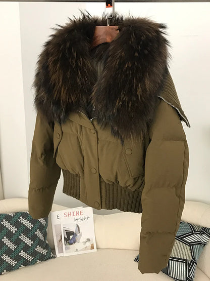 Sexy Natural Real Raccoon Fur Collar warm thick winter women white duck down short luxury coat