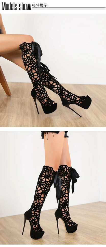 Sexy Flock Hollow 16Cm Thin High Heels Cool Boots Womens Club Party Shoes Summer Peep Toe Knee-high Rear Zipper Modern Sandals