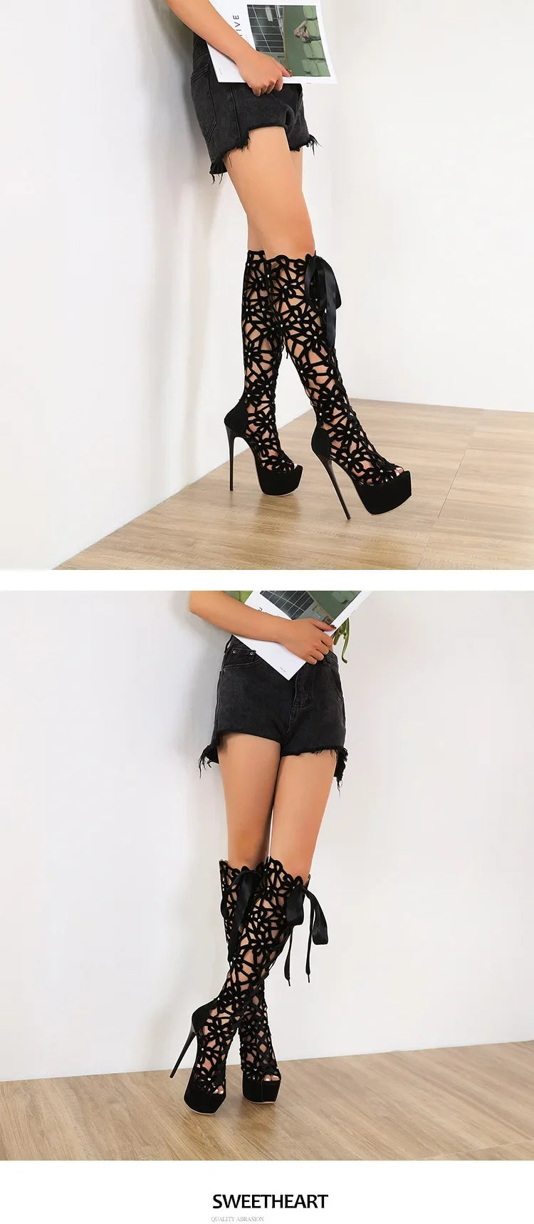 Sexy Flock Hollow 16Cm Thin High Heels Cool Boots Womens Club Party Shoes Summer Peep Toe Knee-high Rear Zipper Modern Sandals