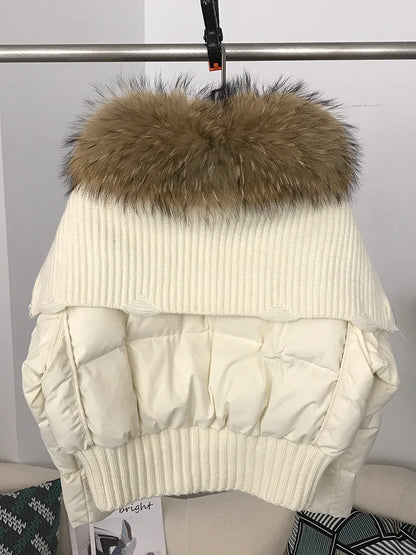 Sexy Natural Real Raccoon Fur Collar warm thick winter women white duck down short luxury coat