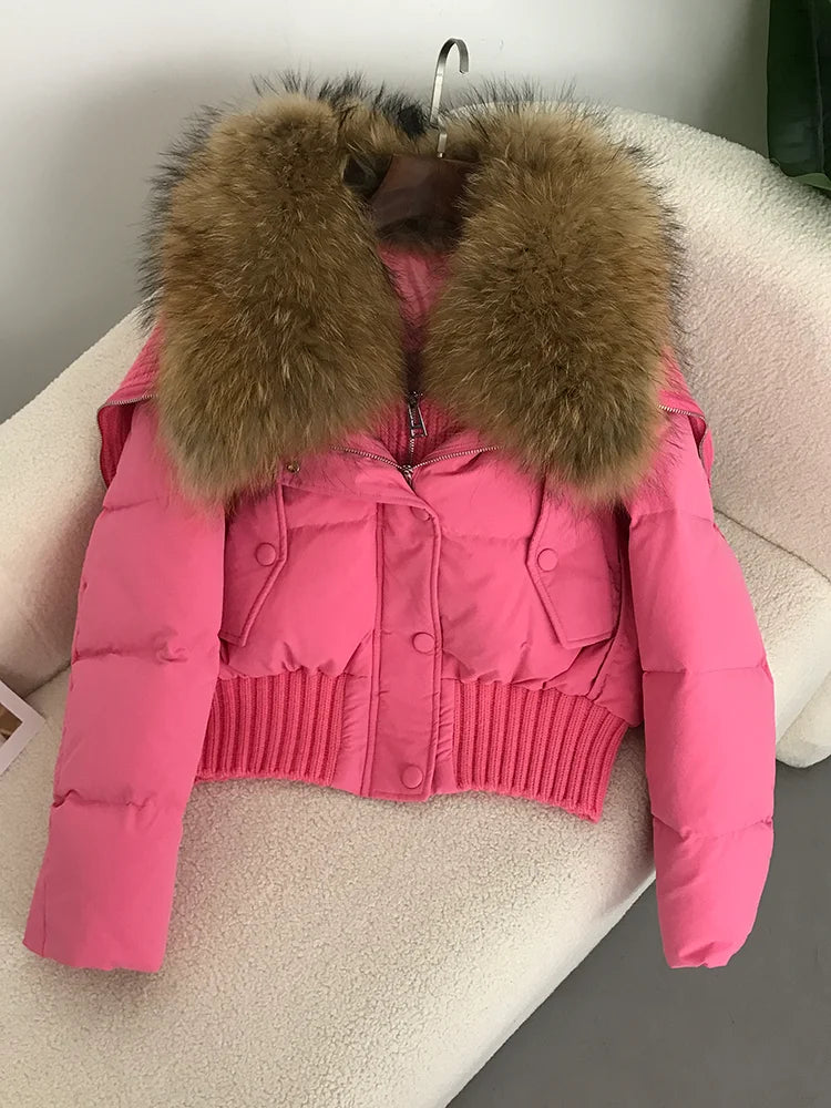 Sexy Natural Real Raccoon Fur Collar warm thick winter women white duck down short luxury coat