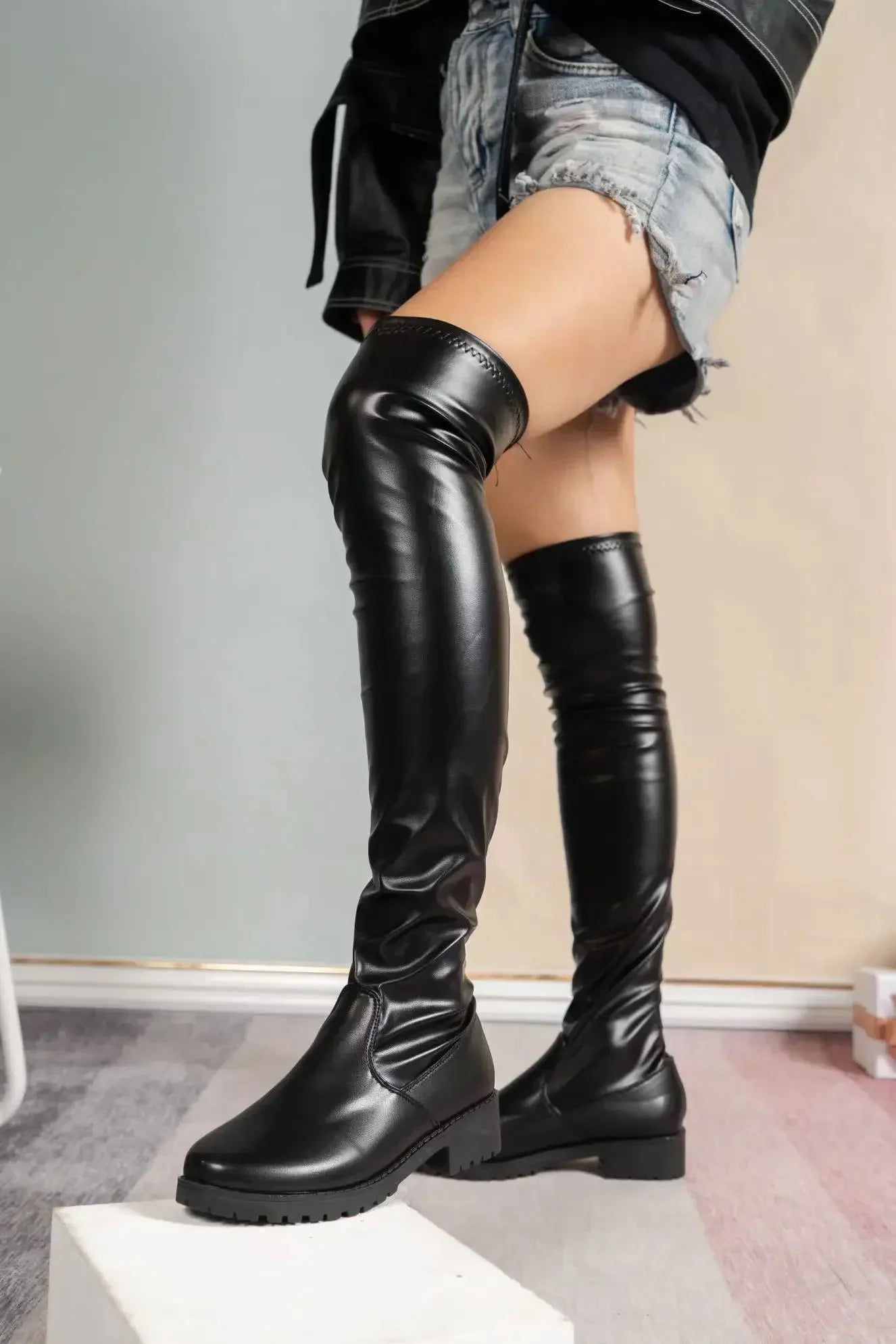 Women's Platform Heel Pumps Stretch Ankle Boots, Designer Knee-High Thigh Boots in Black Gothic Style for Winter