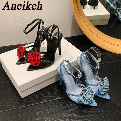 Fashion Denim Buckle Strap High Heels Women's Sexy Pointed Open Toe Crystal Flower Slim Heel Sandals Party Dress