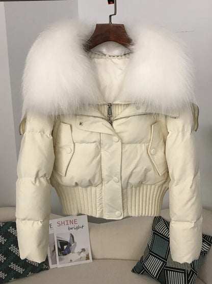 Sexy Natural Real Raccoon Fur Collar warm thick winter women white duck down short luxury coat