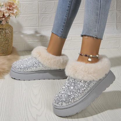 New 2024 Fashion Sequined Cloth Warm Snow Boots Woman Non-Slip Thicken Plush Ankle Booties Faux Fur Winter Boots Women