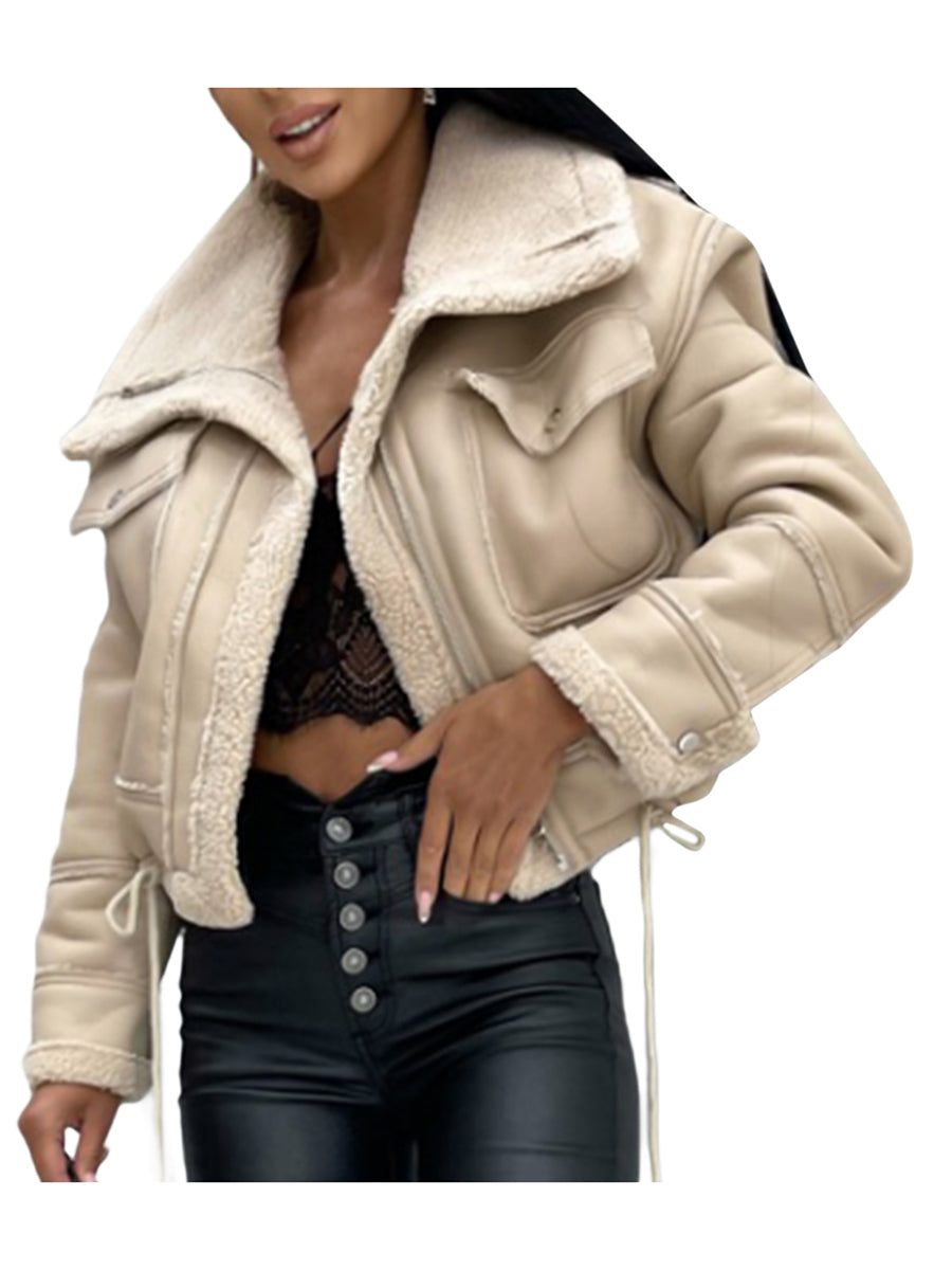 Warm Plush Jacket Fashion Winter Long Sleeve Zipper Short Coats Streetwear with Pockets Outwear