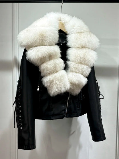 Luxury fox fur 2024 Autumn Winter Lady COMFY & COZY leather zipper coat.