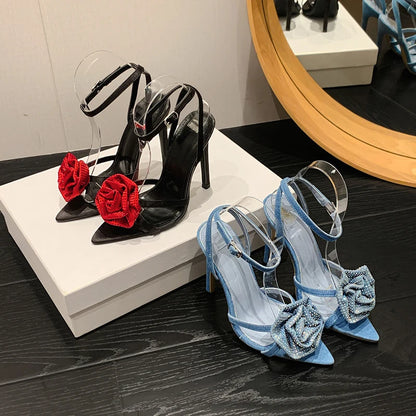 Fashion Denim Buckle Strap High Heels Women's Sexy Pointed Open Toe Crystal Flower Slim Heel Sandals Party Dress