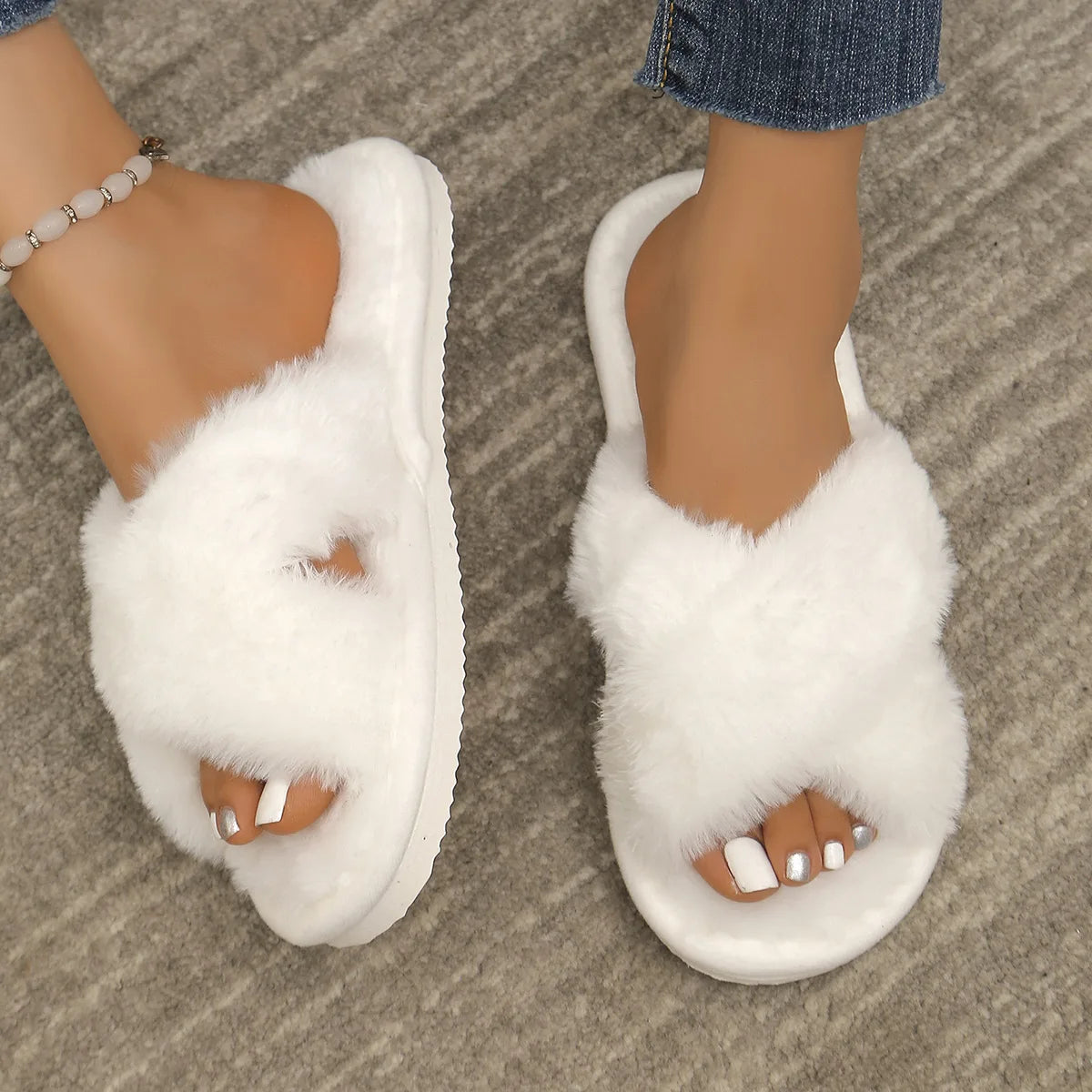 Winter Slipper Women Cross Belt Home Indoor Casual Slippers Female Flip Flops Fluffy Shoes Slides Ladies Soft Warm Plush Slipper