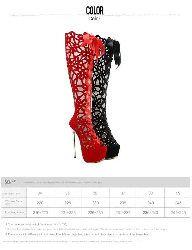 Sexy Flock Hollow 16Cm Thin High Heels Cool Boots Womens Club Party Shoes Summer Peep Toe Knee-high Rear Zipper Modern Sandals