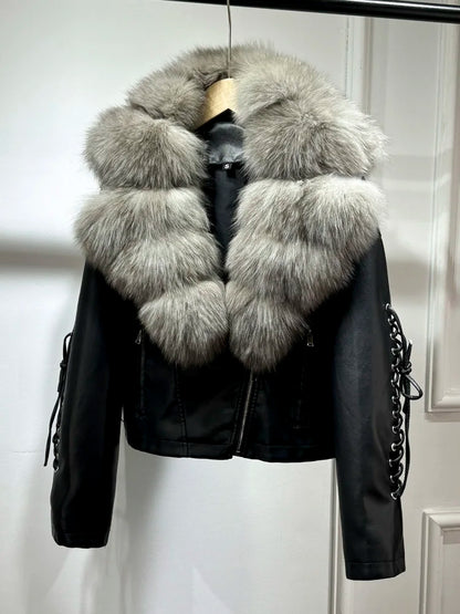 Luxury fox fur 2024 Autumn Winter Lady COMFY & COZY leather zipper coat.