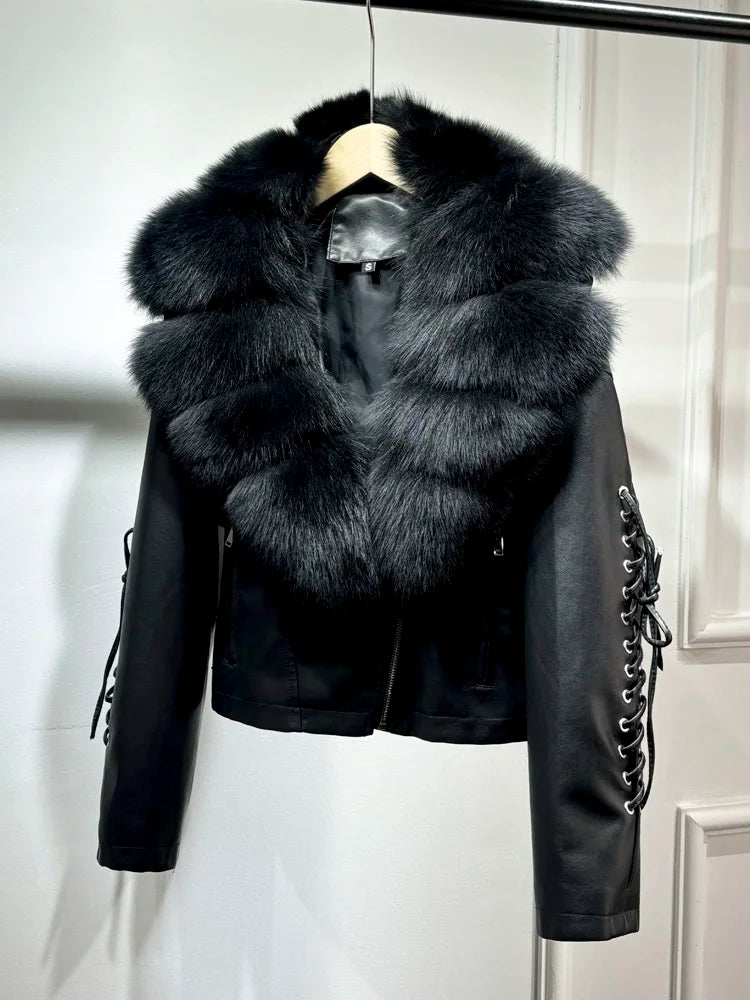 Luxury fox fur 2024 Autumn Winter Lady COMFY & COZY leather zipper coat.