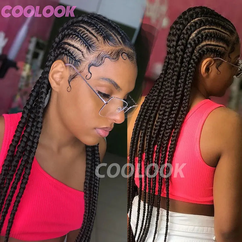 36" Synthetic Lace Front Wigs Jumbo Braided Wigs Full Lace Front Dutch Twins Cornrows Braids Wig For Black Women Crochet Hair