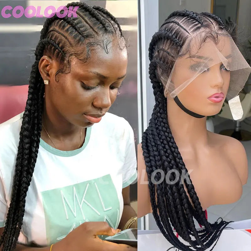 36" Synthetic Lace Front Wigs Jumbo Braided Wigs Full Lace Front Dutch Twins Cornrows Braids Wig For Black Women Crochet Hair