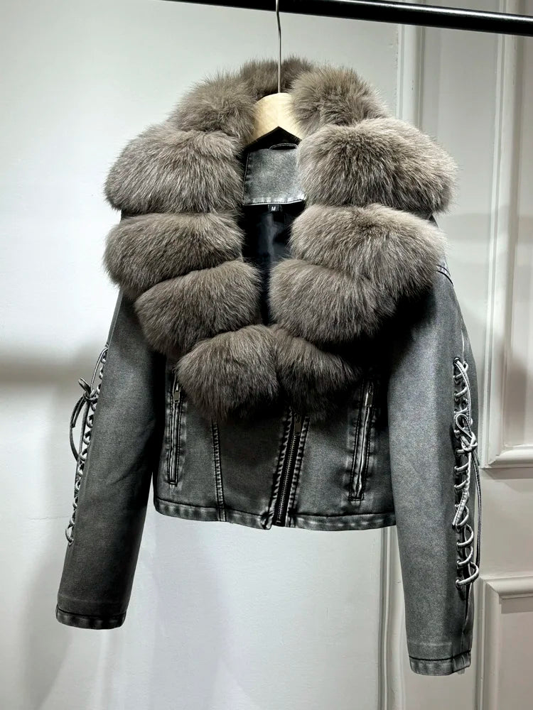 Luxury fox fur 2024 Autumn Winter Lady COMFY & COZY leather zipper coat.