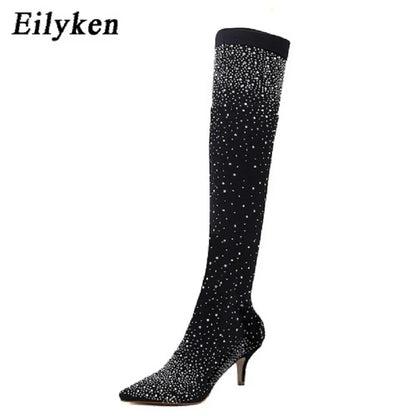 Eilyken Design Crystal Rhinestone Stretch Fabric Sexy High Heels Sock Over-the-Knee Boots Pointed Toe Pole Dancing Women Shoes