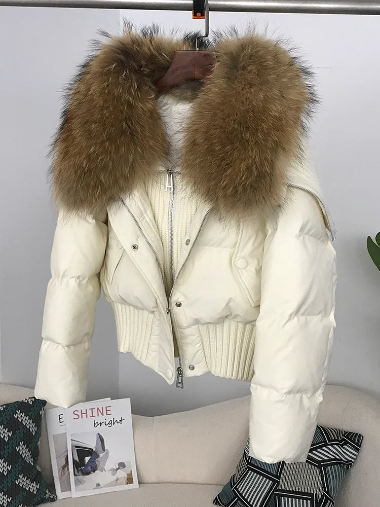 Sexy Natural Real Raccoon Fur Collar warm thick winter women white duck down short luxury coat