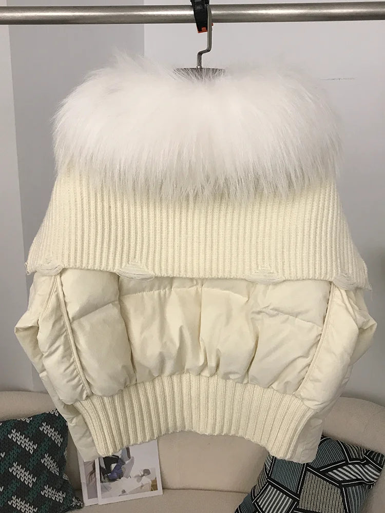 Sexy Natural Real Raccoon Fur Collar warm thick winter women white duck down short luxury coat