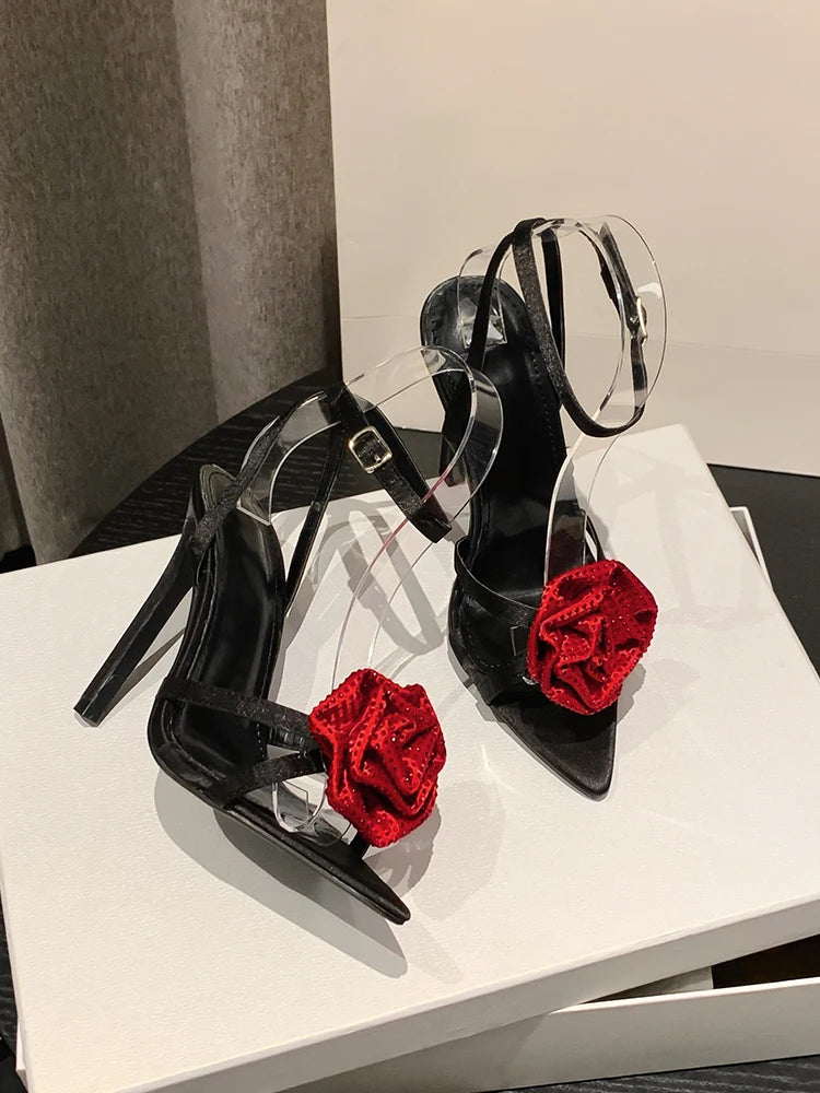 Fashion Denim Buckle Strap High Heels Women's Sexy Pointed Open Toe Crystal Flower Slim Heel Sandals Party Dress