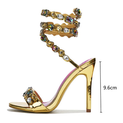 Star style Luxury Crystal Embellished Wraparound Women Sandals Stiletto High heels Gladiator Sandals Summer Wedding Prom Shoes