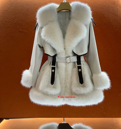 Temperament Big Fur collar Lace-Up Fur Coat Female Autumn Winter New Mid-Length Warm Faux Fox Jacket Female Loose Overcoat W567