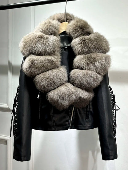 Luxury fox fur 2024 Autumn Winter Lady COMFY & COZY leather zipper coat.