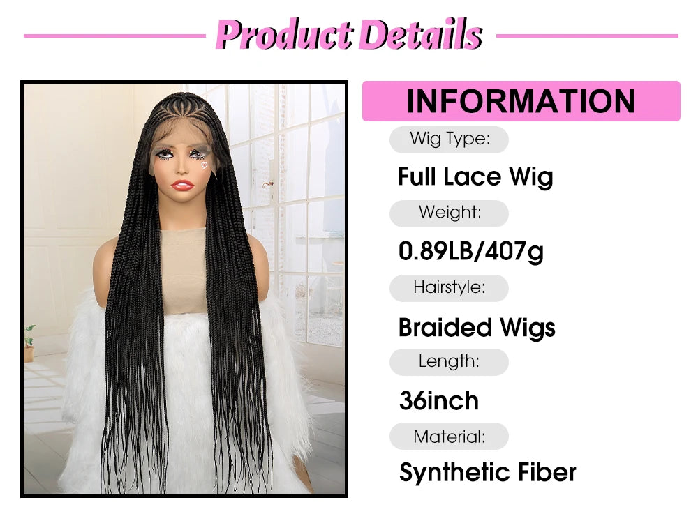 Synthetic Full Lace Cornrow Braided Wigs with Baby Hair 36 Inches Knotless Box braids