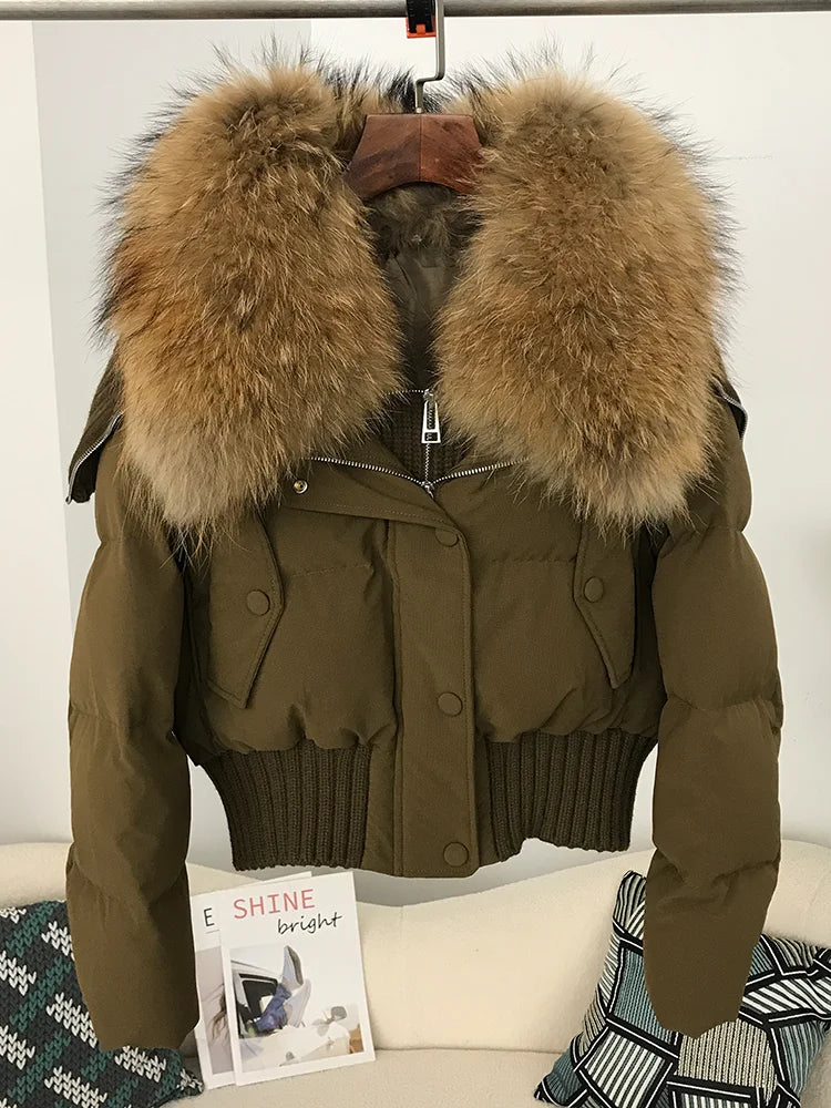 Sexy Natural Real Raccoon Fur Collar warm thick winter women white duck down short luxury coat