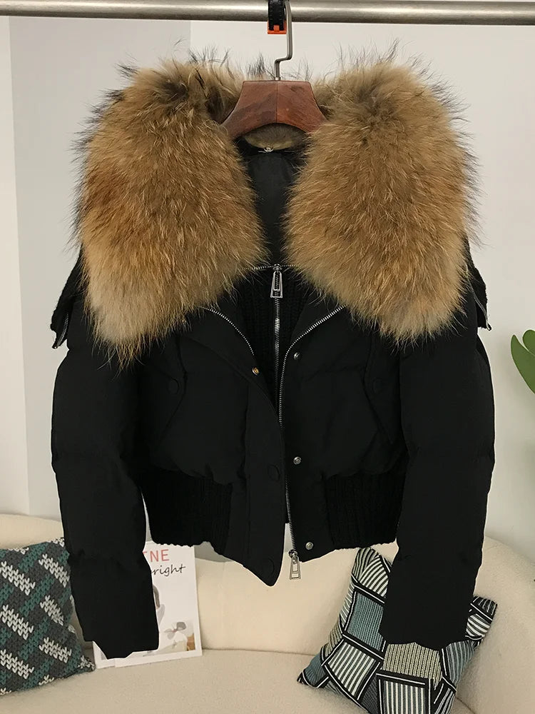 Sexy Natural Real Raccoon Fur Collar warm thick winter women white duck down short luxury coat