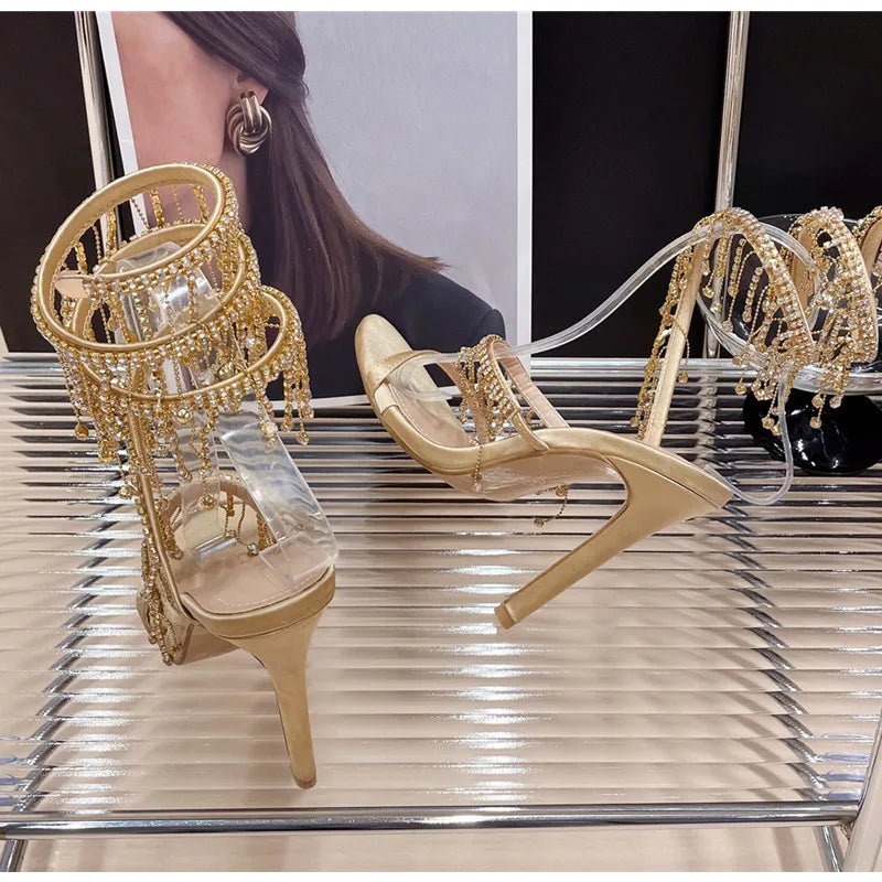 Runway style Bling Bling Crystal Tassels Snake Coiled Women Sandals Sexy Stiletto High heels Summer Fashion Party Prom Shoes