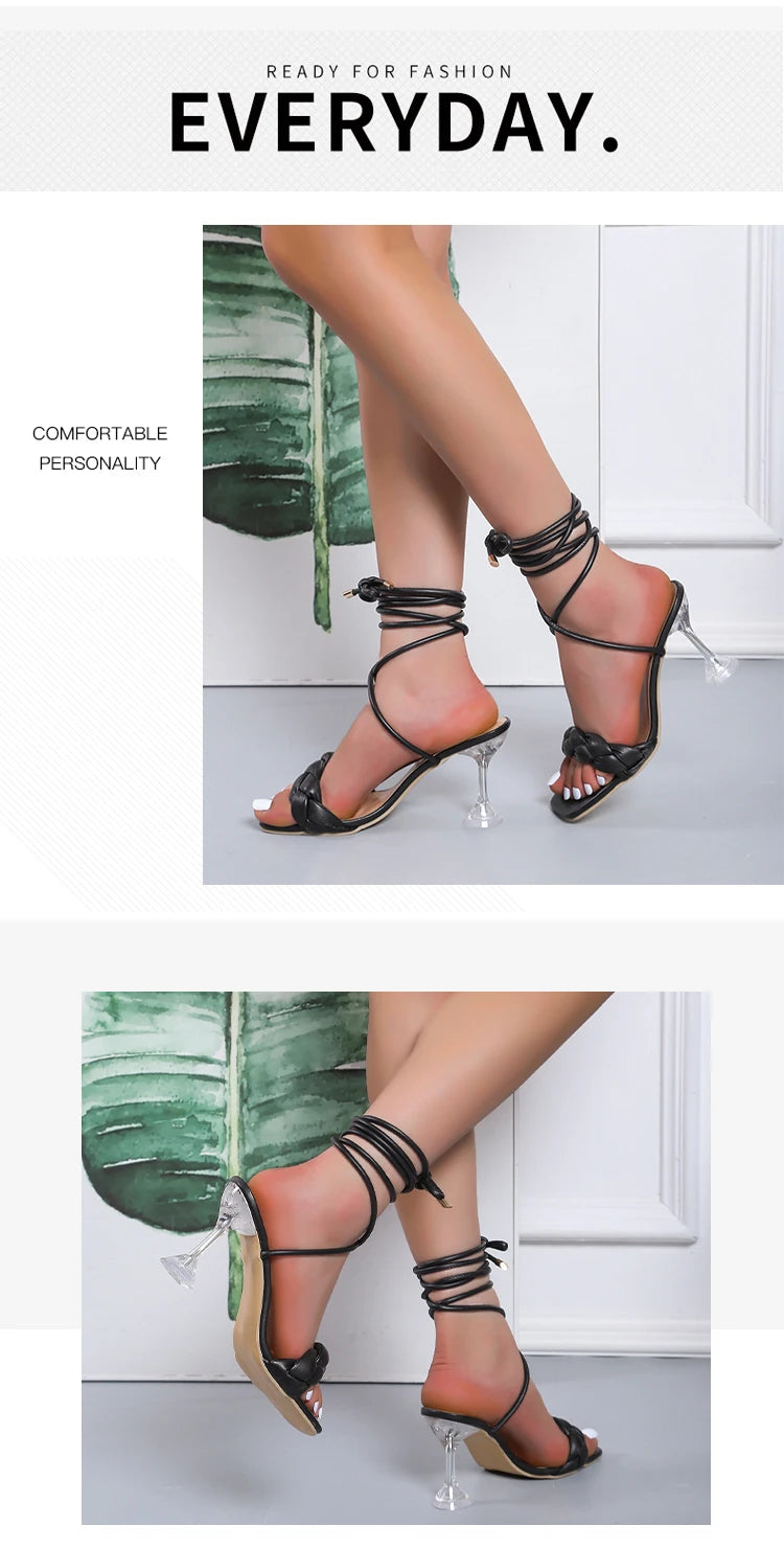 2022 New Summer Fashion Design Weave Women Sandals Transparent Strange Sexy Crystal High Heels Ladies Stilettos Square Toe Shoes