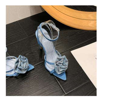 Fashion Denim Buckle Strap High Heels Women's Sexy Pointed Open Toe Crystal Flower Slim Heel Sandals Party Dress