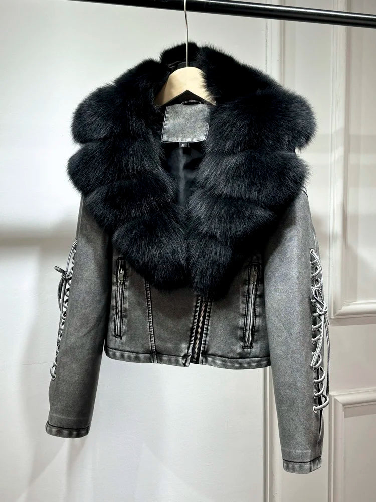 Luxury fox fur 2024 Autumn Winter Lady COMFY & COZY leather zipper coat.