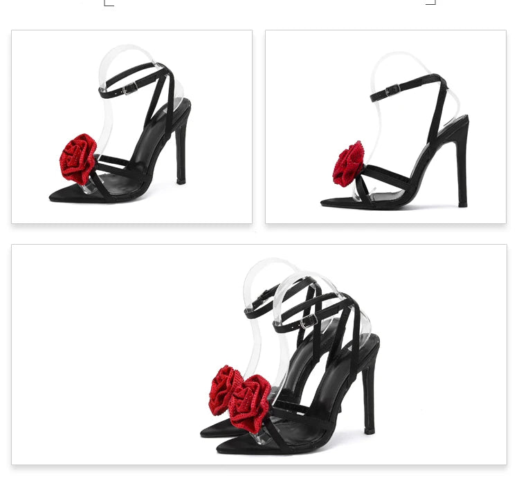 Fashion Denim Buckle Strap High Heels Women's Sexy Pointed Open Toe Crystal Flower Slim Heel Sandals Party Dress